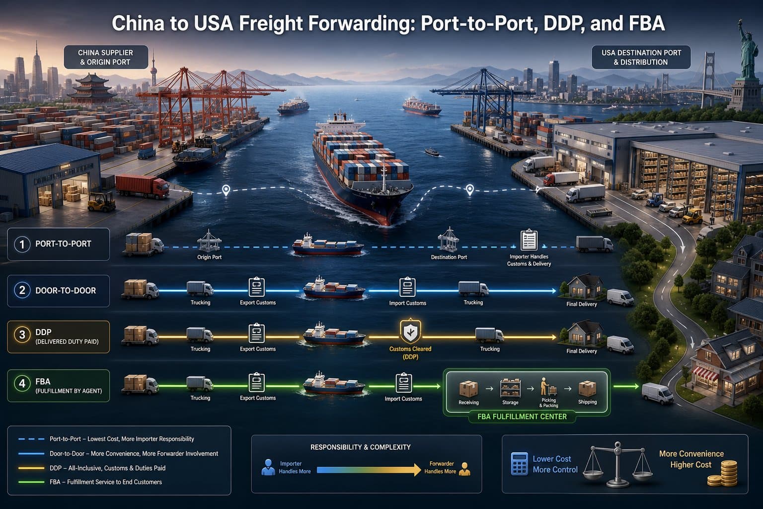 China to USA Freight Forwarding: Port-to-Port, DDP, and FBA